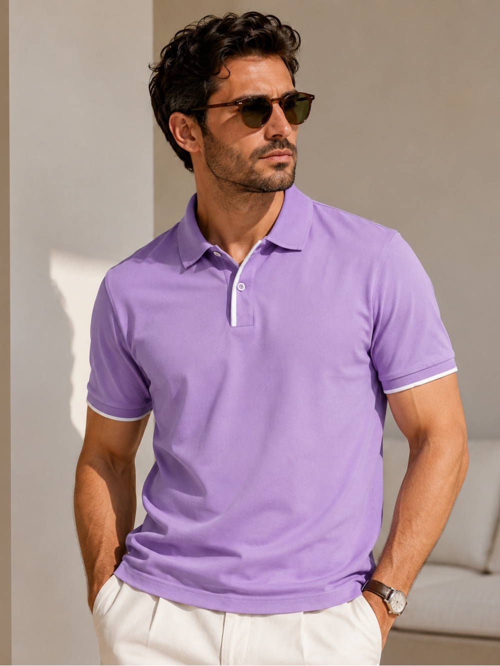 Raffi Linea Uomo Polo Shirt Large Lavender Purple Cotton Pique Quiet Luxury